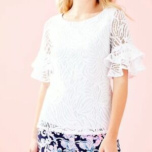 Lilly Pulitzer White Lace Ruffle Bell Sleeve Blouse Top Large 88189